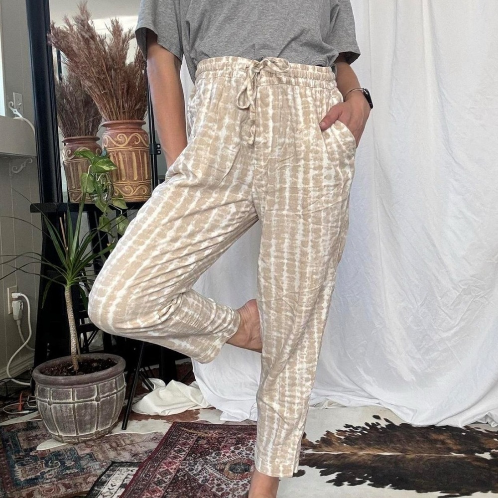 Old Navy High-Waisted Tie-Dye Linen-Blend Straight Cropped Pants Sz XL Tan White
